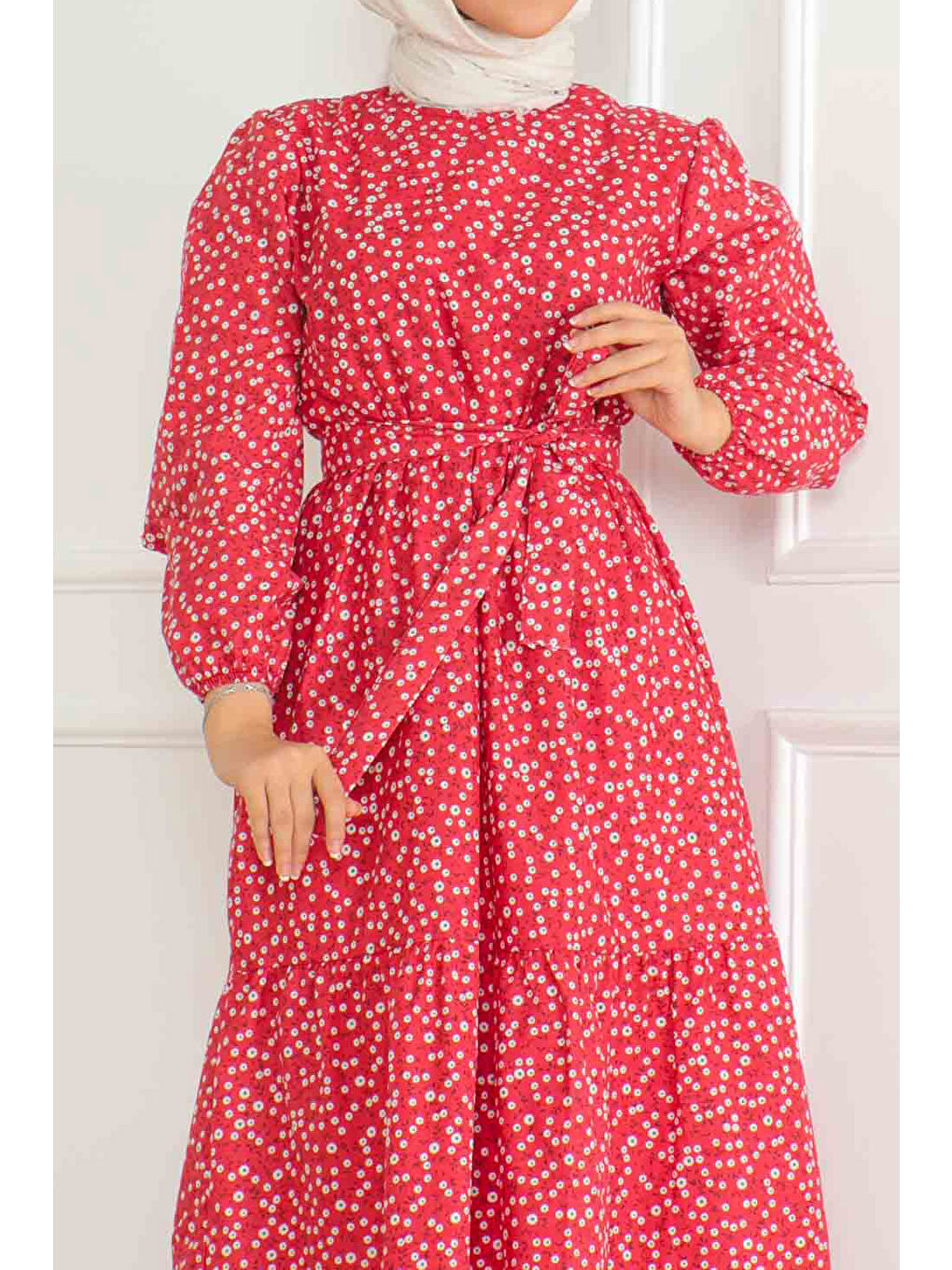 Kırmızı Desenli Kolu Büzgülü Elbise Kirmizi - 26623-2