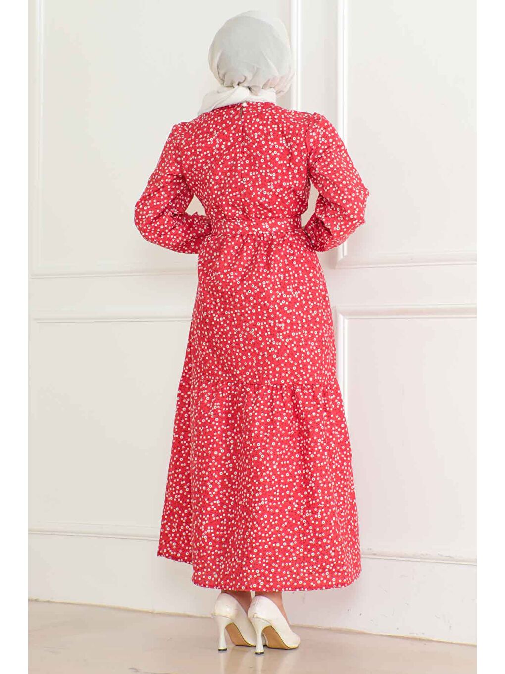 Kırmızı Desenli Kolu Büzgülü Elbise Kirmizi - 26623-3