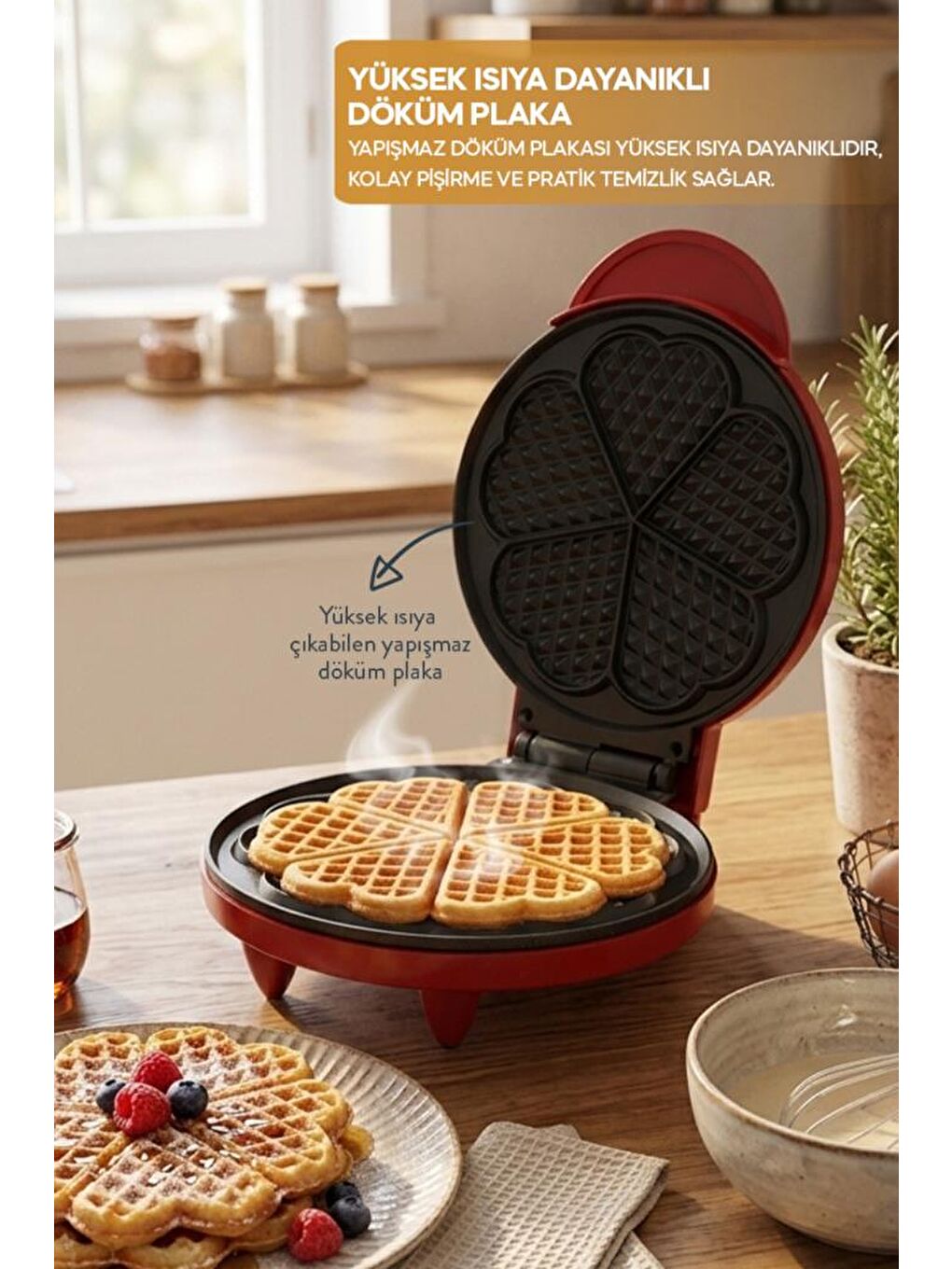SSM-2595 Waffle Makinesi 850W | 182 mm Yapışmaz Döküm Plaka Kırmızı | 5 Dilimli Waffle-3