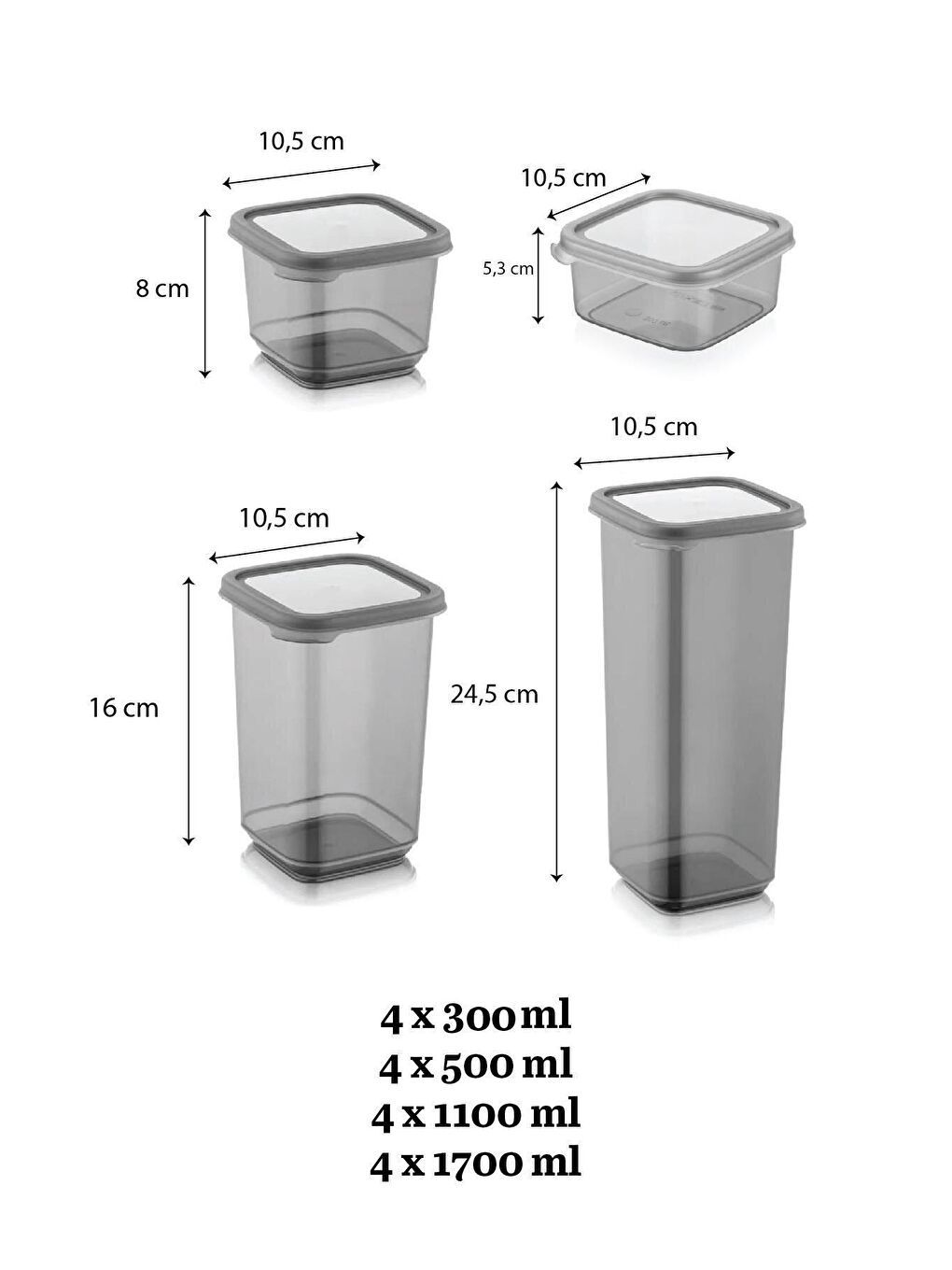 Meleni Home Antrasit 16'lı Erzak Saklama Kabı -Etiketli Kare Saklama Kabı Seti 4x(300-500-1100-1700 ml) - 1