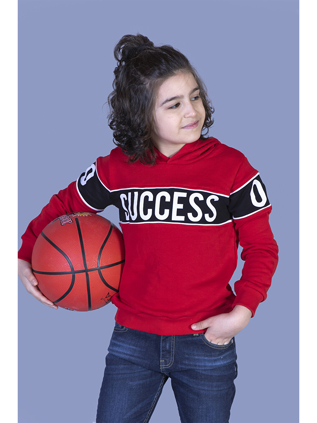 Kırmızı Erkek Çocuk Garnisi Baskılı Kapüşonlu Sweatshirt