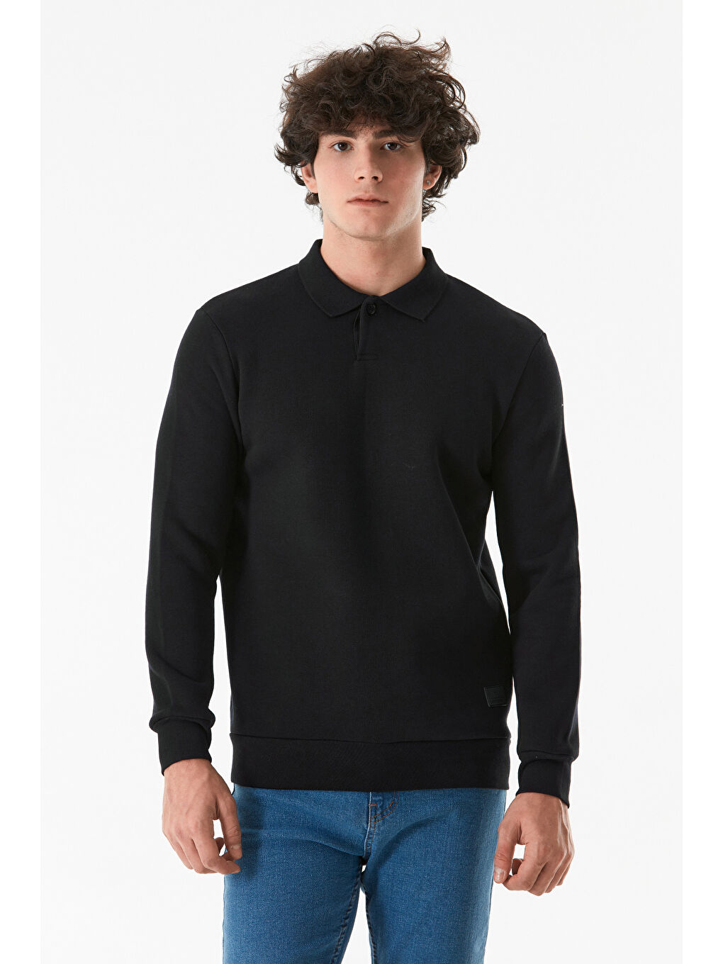 Fullamoda Siyah Basic Polo Yaka Düğmeli Sweatshirt