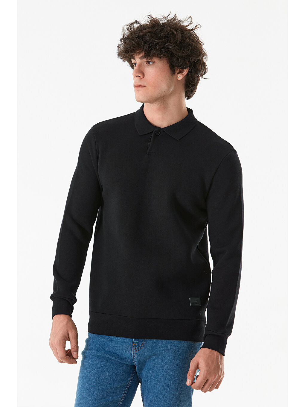 Fullamoda Siyah Basic Polo Yaka Düğmeli Sweatshirt - 1