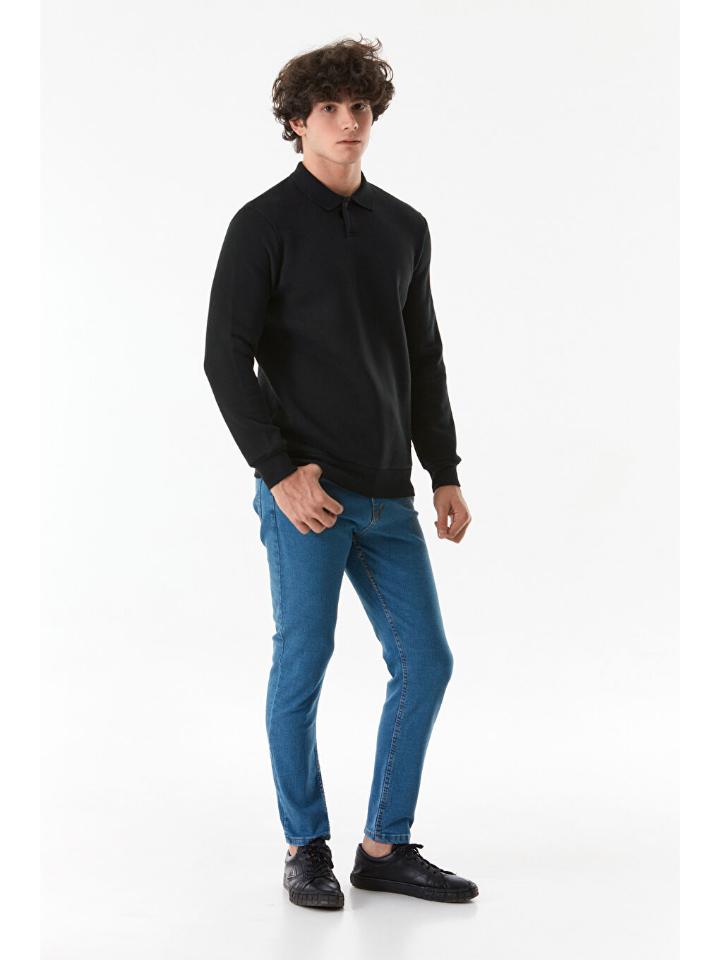 Fullamoda Siyah Basic Polo Yaka Düğmeli Sweatshirt - 2