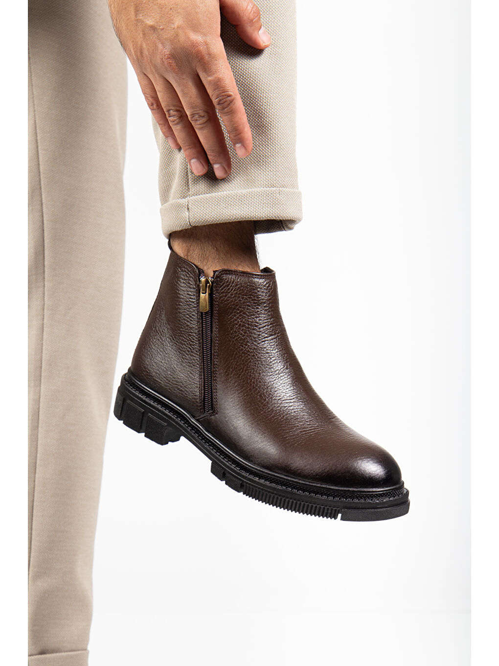 Kahverengi D555 Hakiki Deri Soğuk Geçirmez Erkek Bot-3