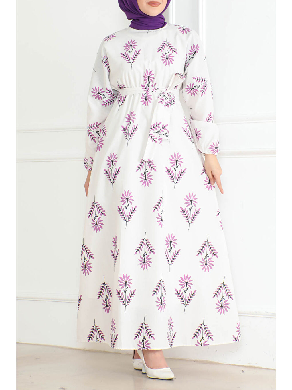 Desenli Kolu Büzgülü Elbise Lila - 26623-1