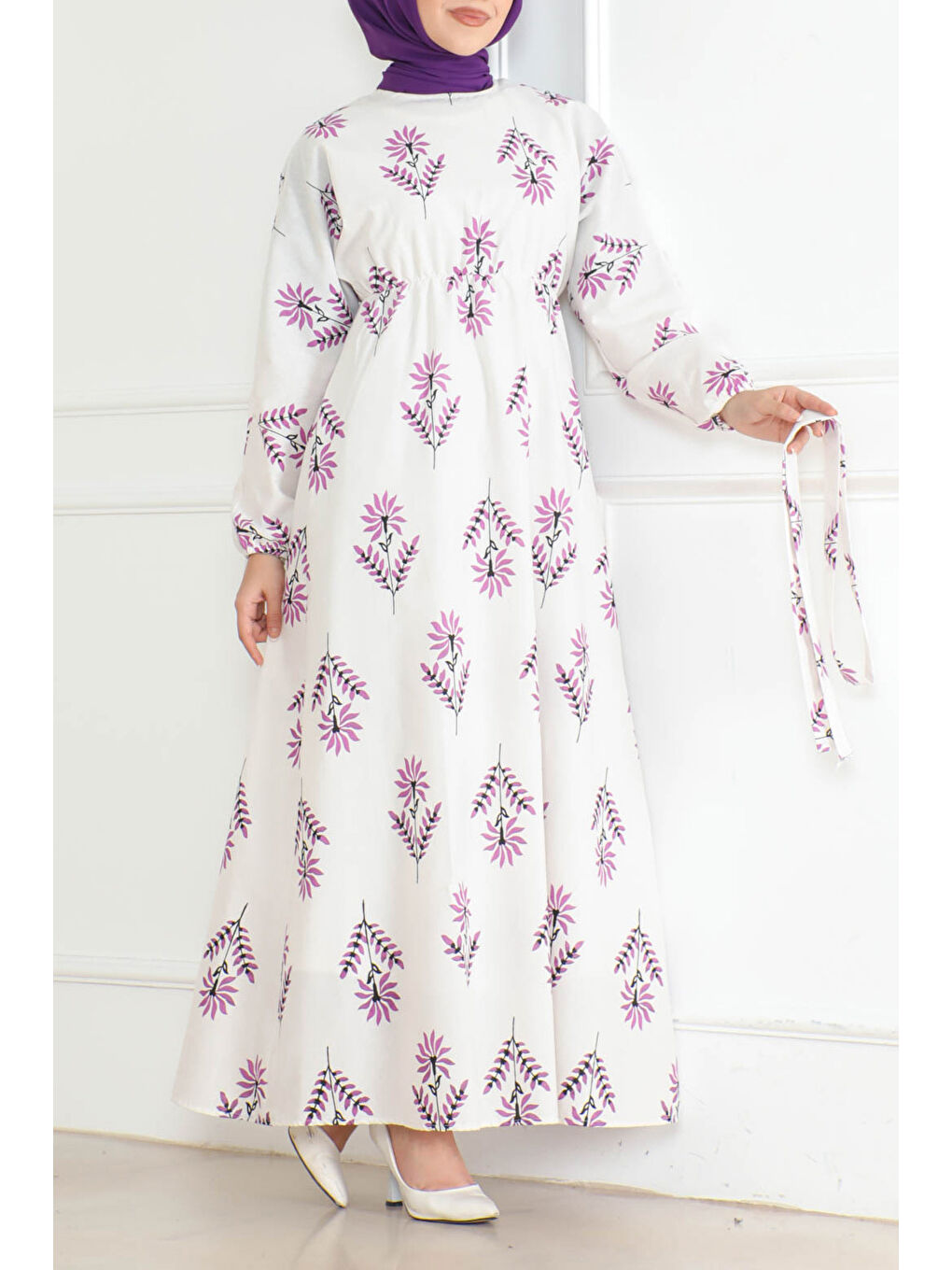 Desenli Kolu Büzgülü Elbise Lila - 26623-2