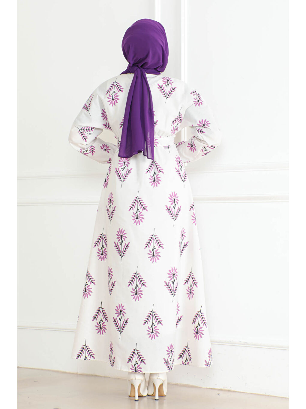 Desenli Kolu Büzgülü Elbise Lila - 26623-3