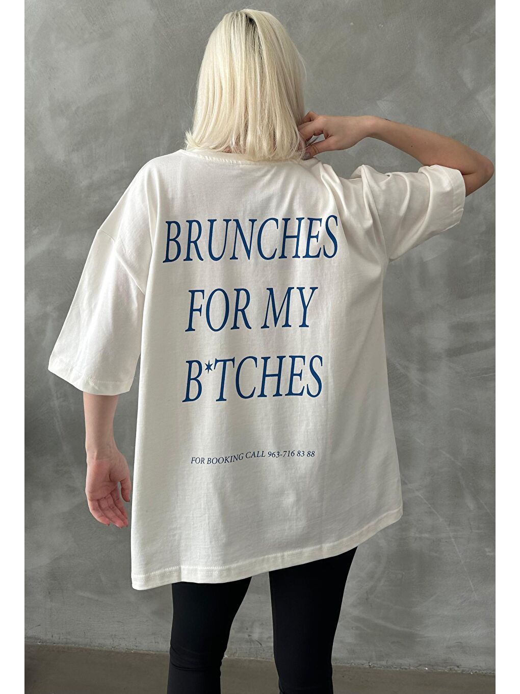 Ekru Oversize Sırt Ve Ön Baskılı Bisiklet Yaka Kısa Kollu Tişört Mg2130-1