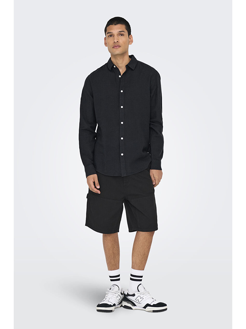 Siyah Onscaiden Keten ve Pamuk Karışımlı Slim Fit Gömlek 22012321-2