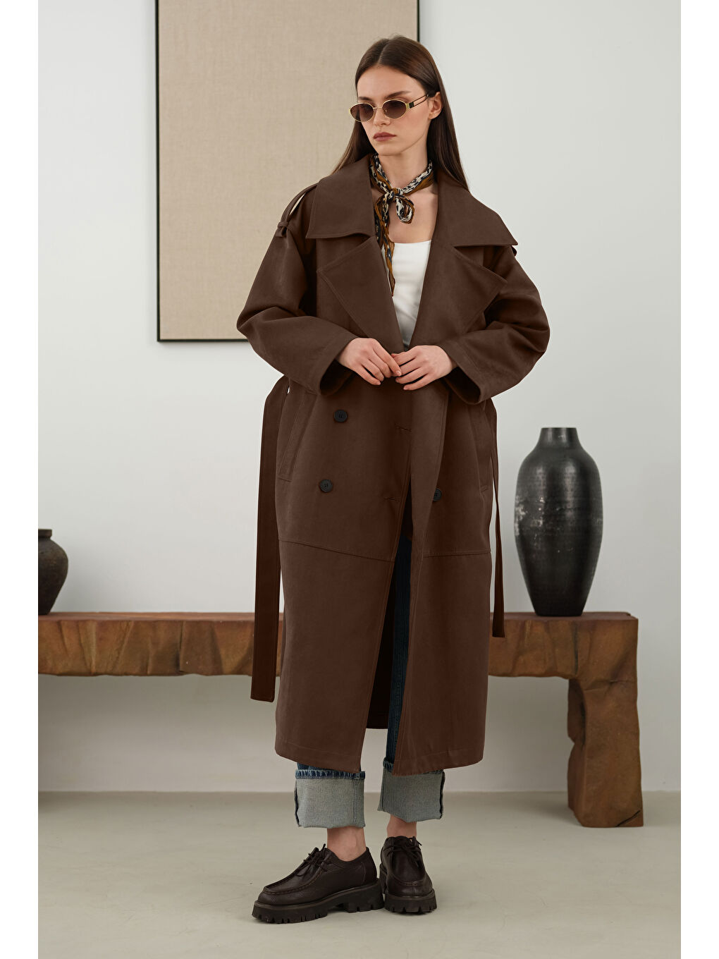 Kahverengi Süet Trençkot Koyu Taba-1