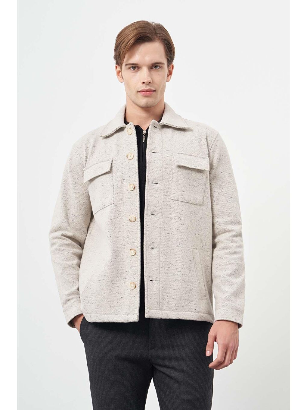 İMZA Bej Örme Polo Yaka Jakarlı Desen Yırtmaçsız Astarsız Slim Fit Classic Mont 1007245160 - 2