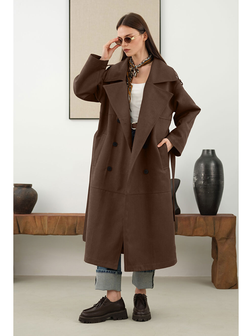 Kahverengi Süet Trençkot Koyu Taba-2