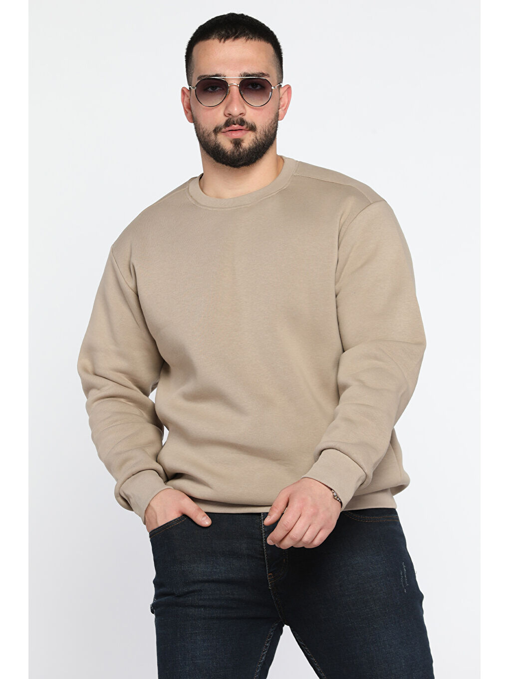 Mishar İtalia Bej Erkek Bisiklet Yaka Şardonlu Sweatshirt