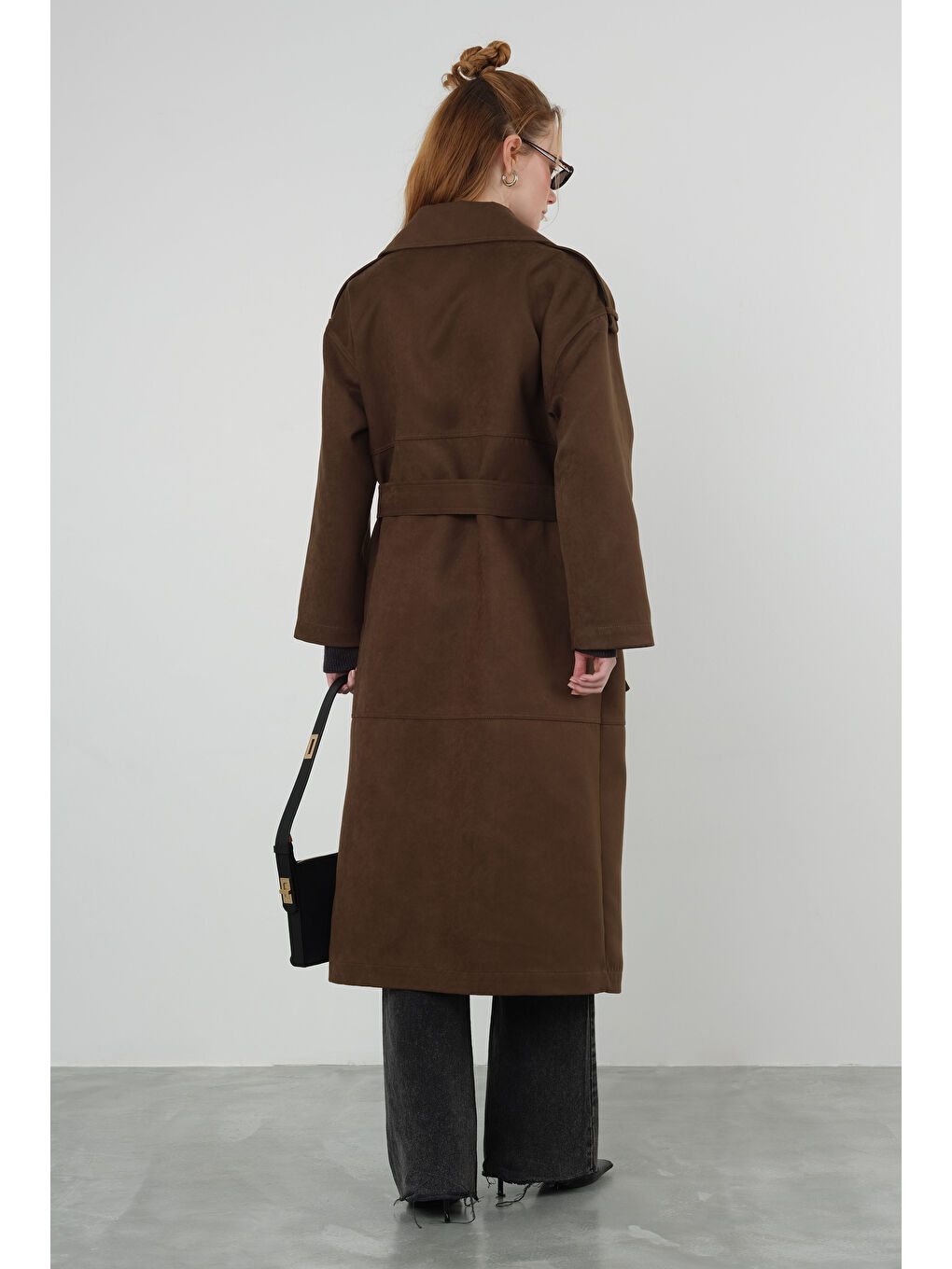 Kahverengi Süet Trençkot Koyu Taba-4
