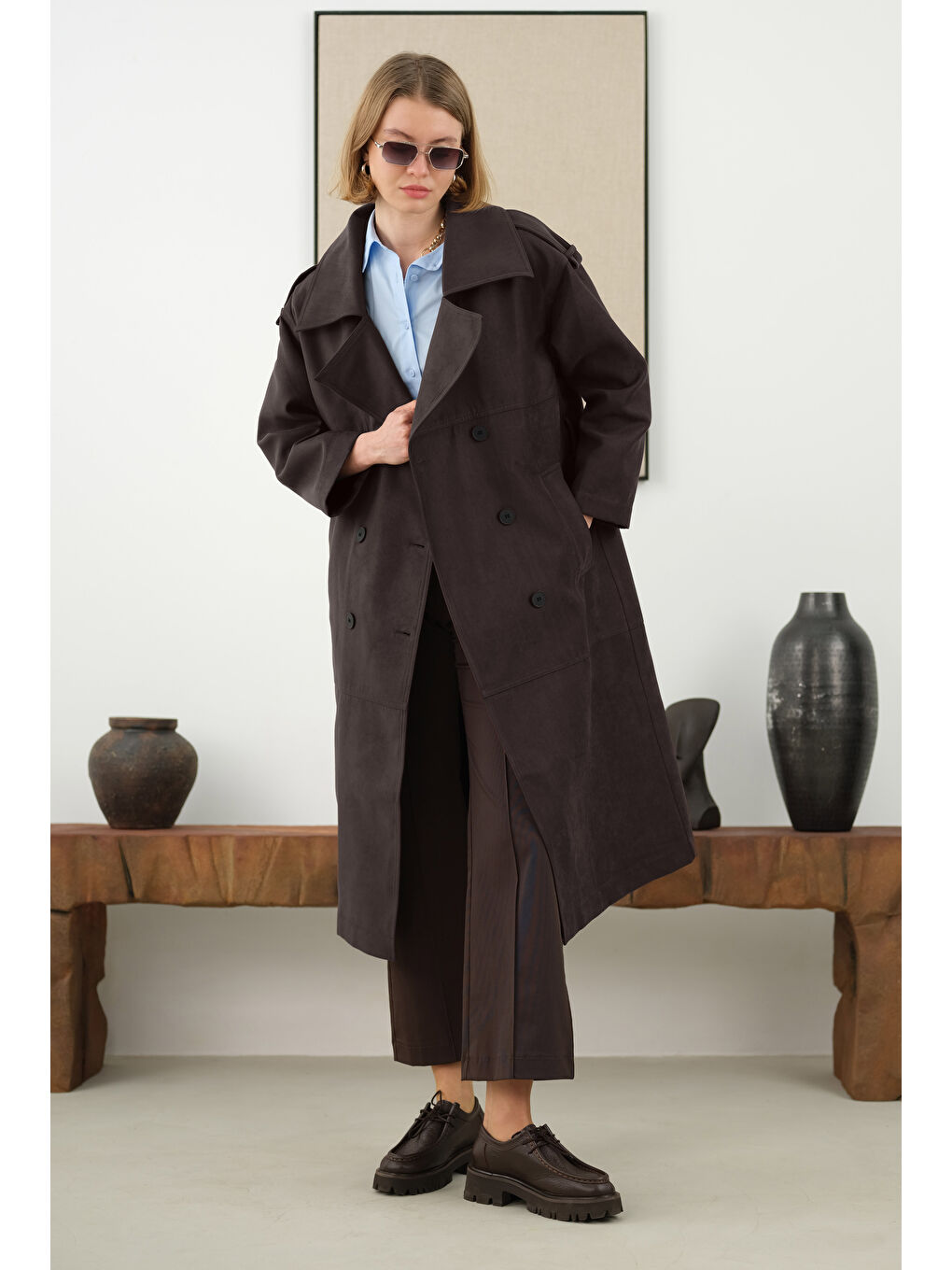 Kahverengi Süet Trençkot Acı Kahve