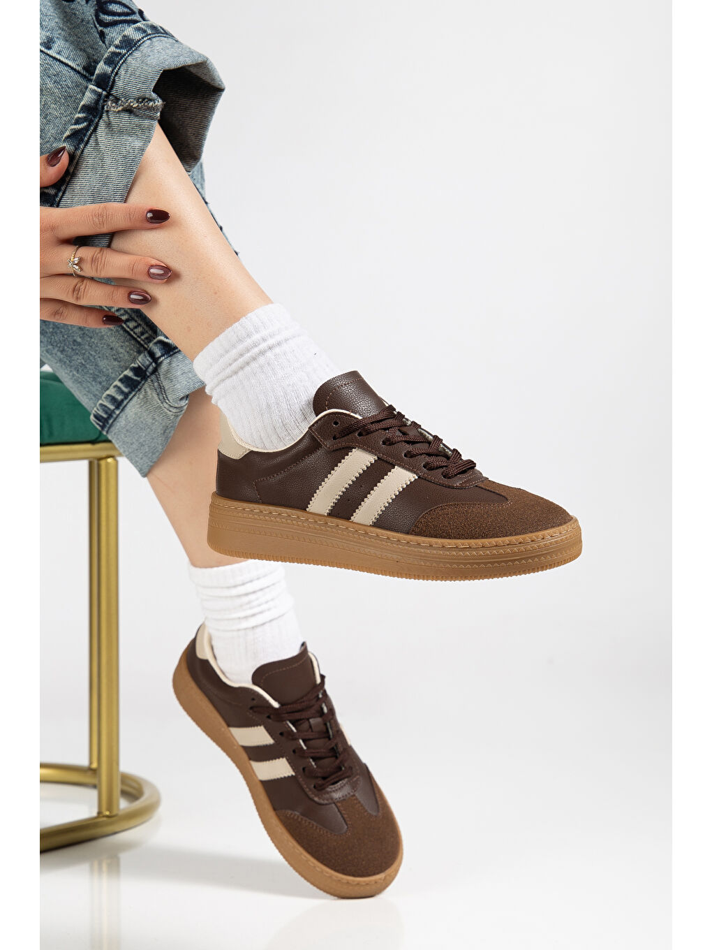 Kahverengi Kadın Kahve Bej Kadın Rahat Kalıp Yumuşak Deri Sneaker