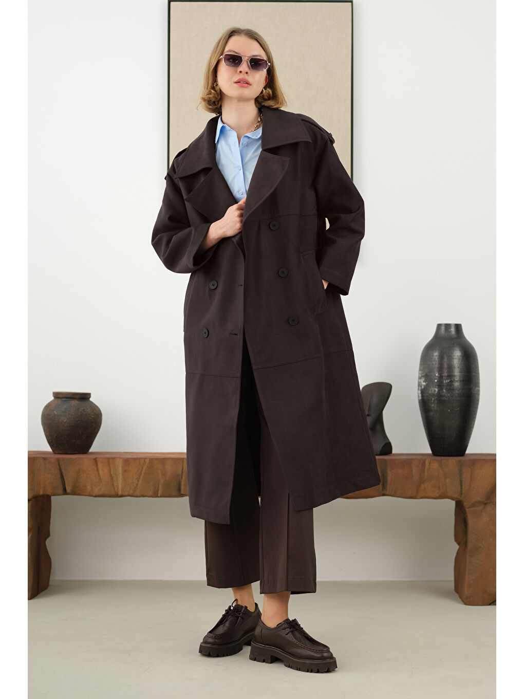 Kahverengi Süet Trençkot Acı Kahve-1