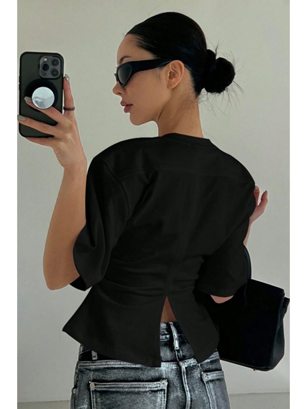 Siyah Kadın Kısa Kollu Sırt Dekolteli Slim Fit Bluz/T-Shirt-1