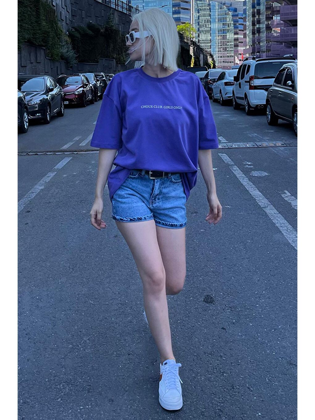 Mor Oversize Sırt Ve Ön Baskılı Bisiklet Yaka Kısa Kollu Tişört Mg2130