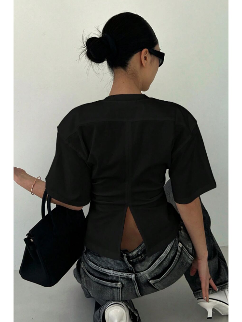 Siyah Kadın Kısa Kollu Sırt Dekolteli Slim Fit Bluz/T-Shirt-2