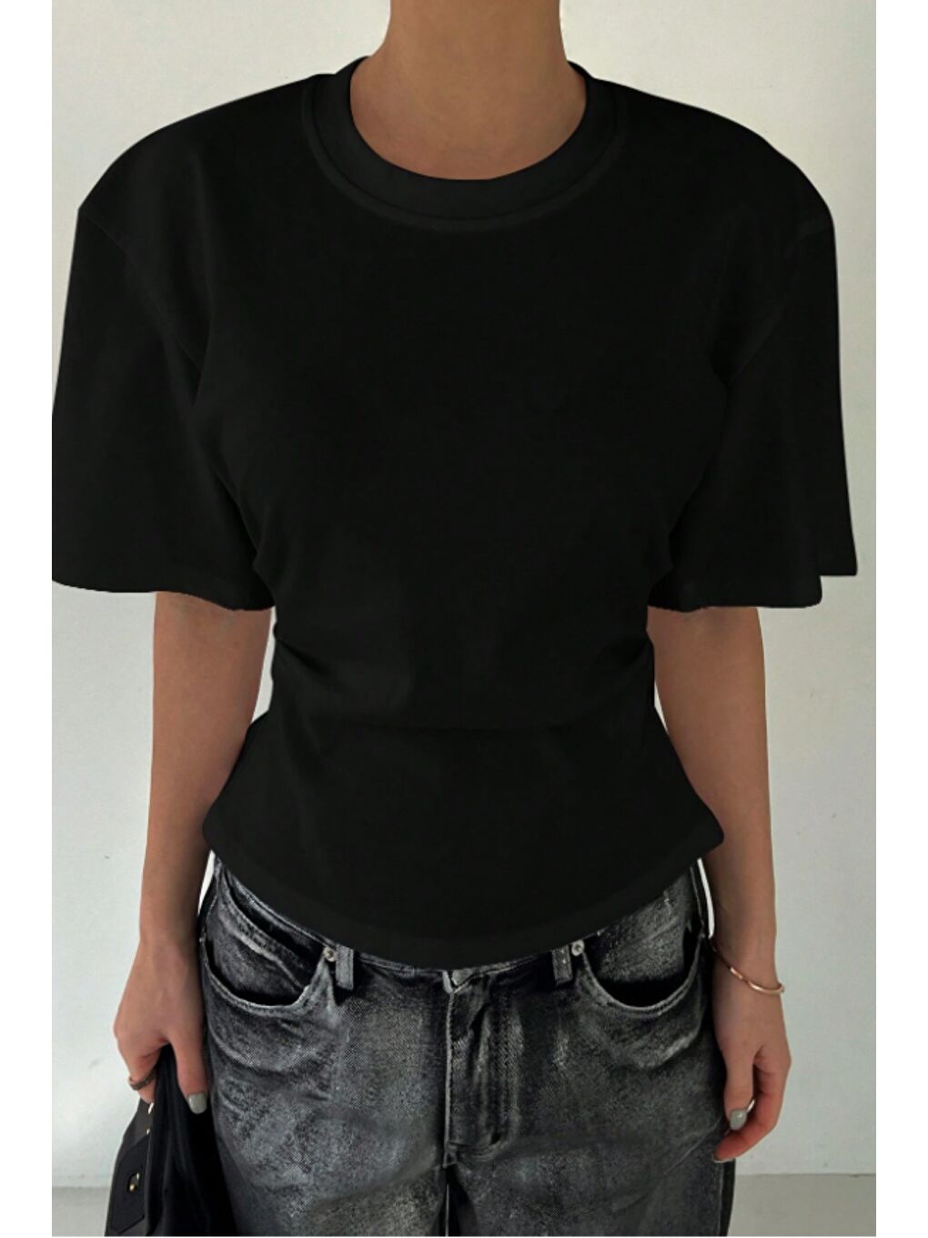 Siyah Kadın Kısa Kollu Sırt Dekolteli Slim Fit Bluz/T-Shirt-3