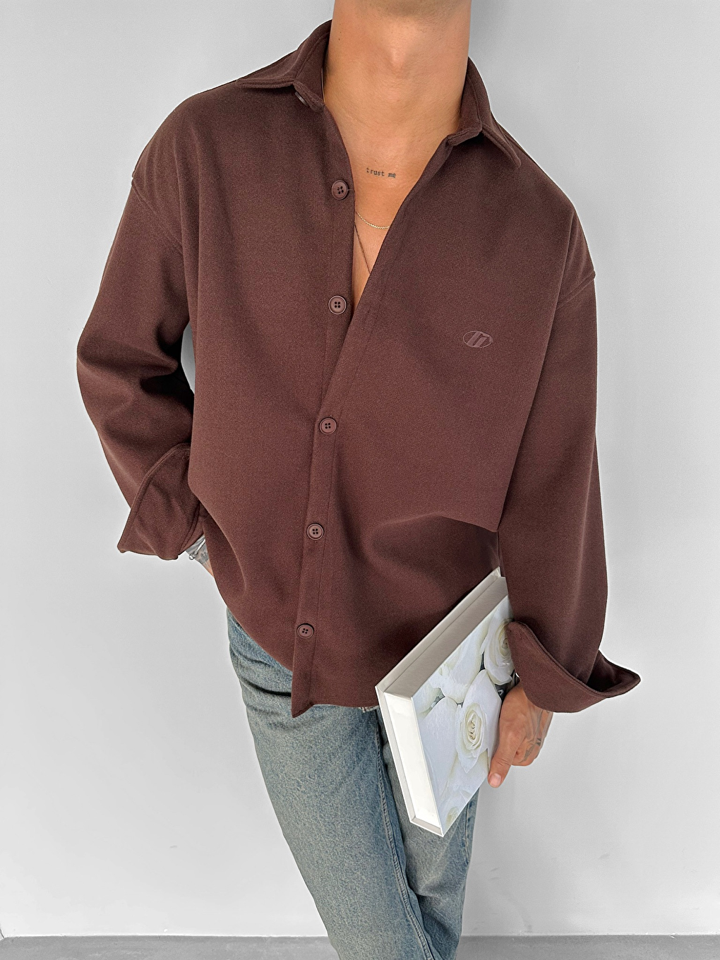 Erkek Oversize Basic Uzun Kollu Kaşe Gömlek Kahverengi-1