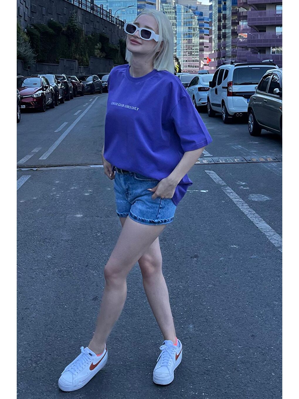 Mor Oversize Sırt Ve Ön Baskılı Bisiklet Yaka Kısa Kollu Tişört Mg2130-4