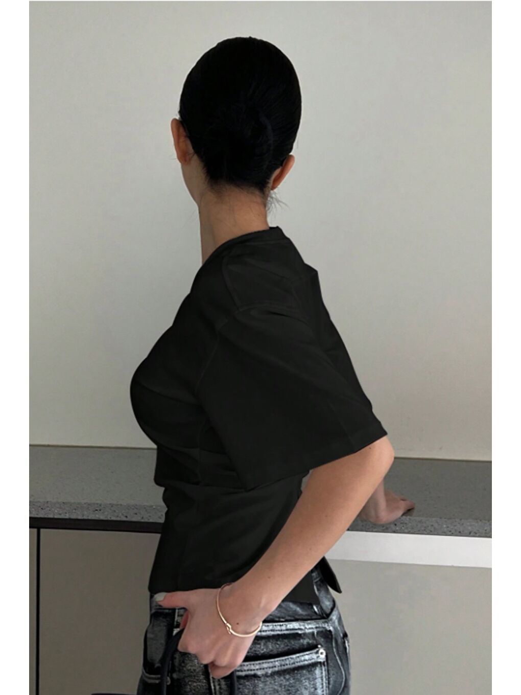 Siyah Kadın Kısa Kollu Sırt Dekolteli Slim Fit Bluz/T-Shirt-5