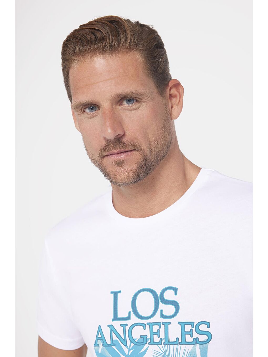 Erkek Slim Fit Dar Kesim %100 Pamuk Yumuşak Dokulu Baskılı Beyaz Bisiklet Yaka Tişört-1