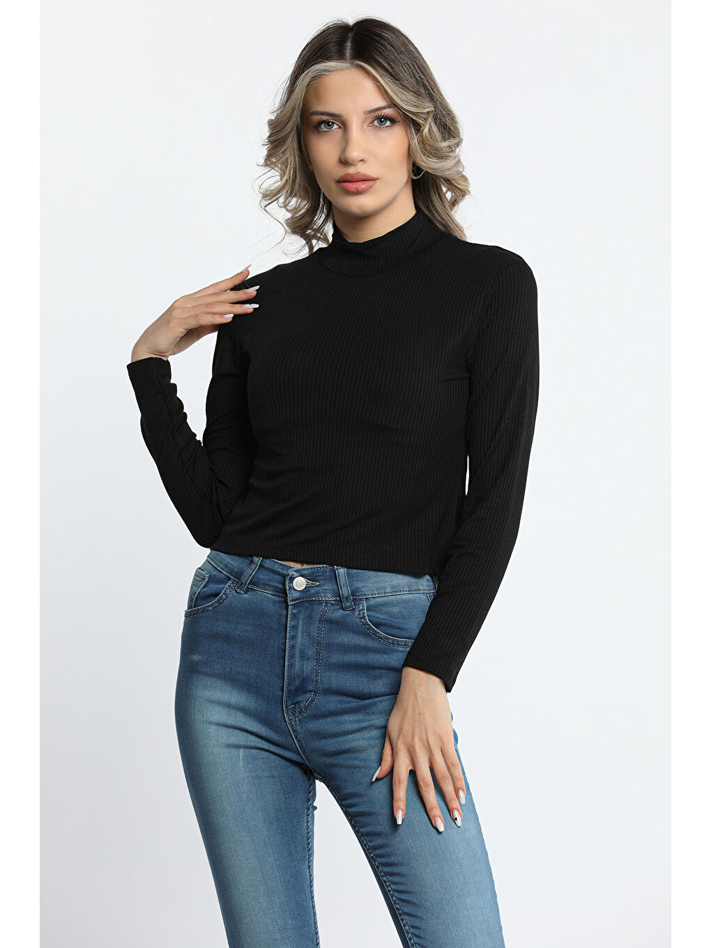 GÜLSELİ Siyah Kadın Dik Yaka Fitilli Crop Top Body Bluz - 2