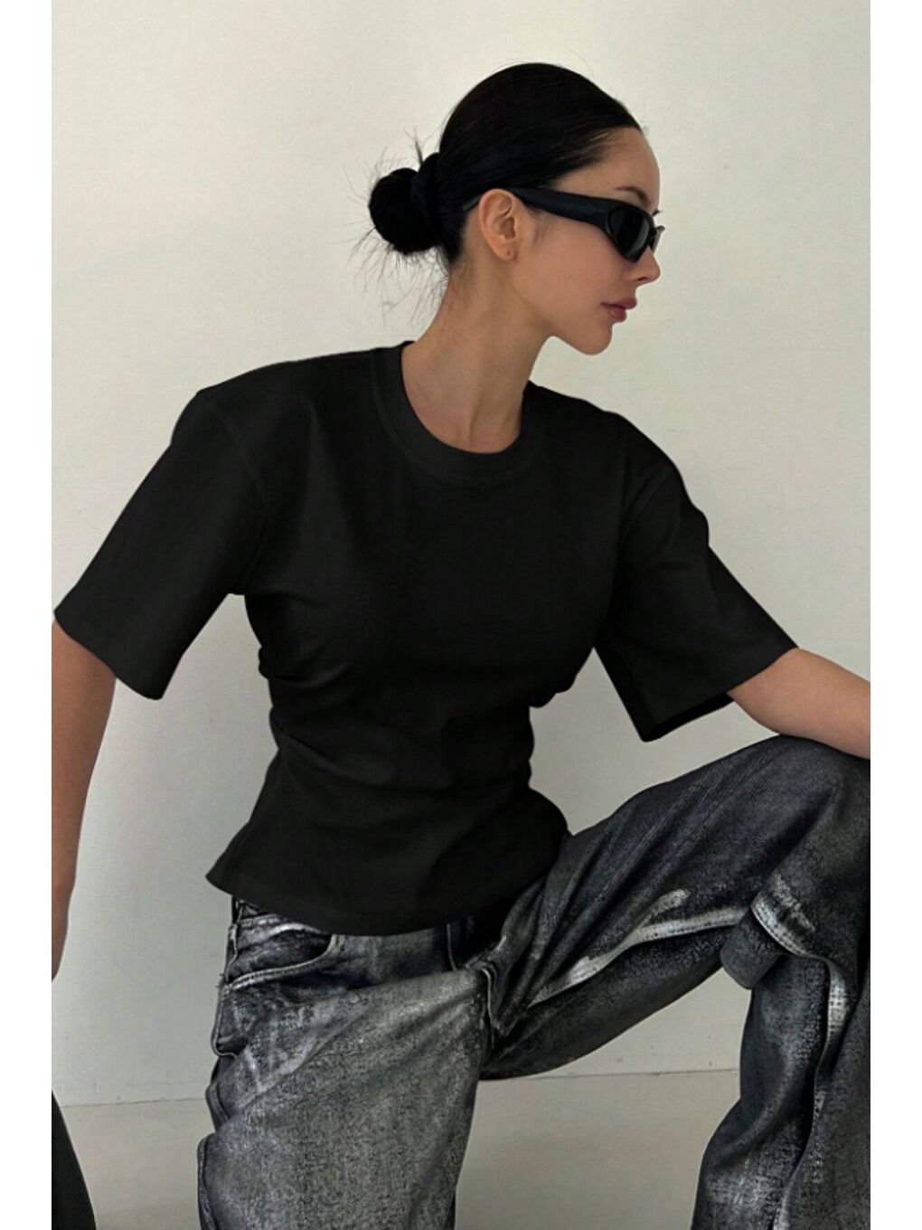 Siyah Kadın Kısa Kollu Sırt Dekolteli Slim Fit Bluz/T-Shirt-6