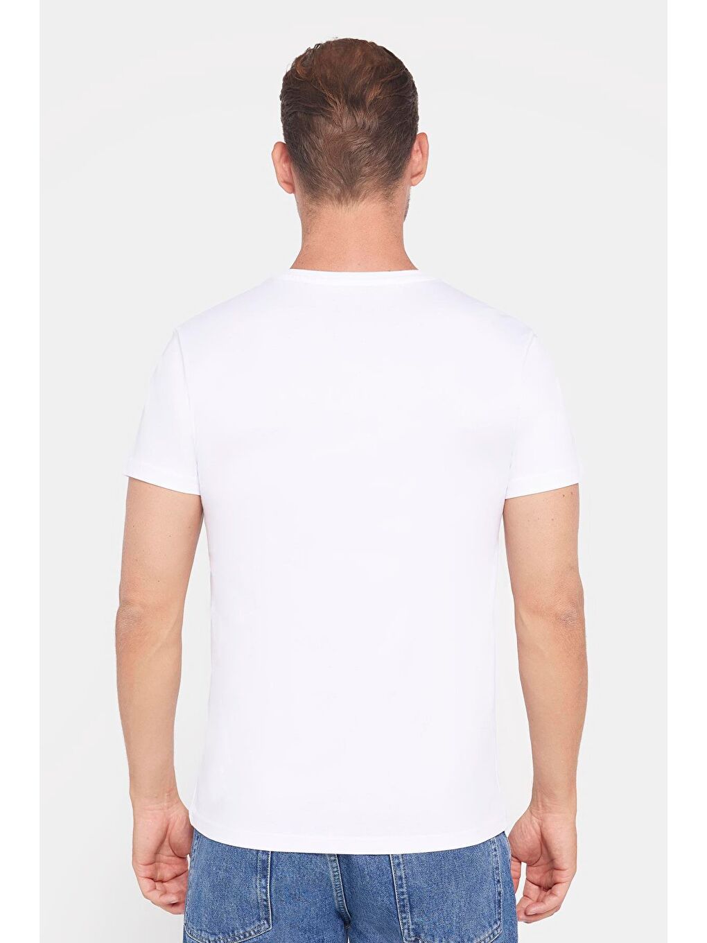 Erkek Slim Fit Dar Kesim %100 Pamuk Yumuşak Dokulu Baskılı Beyaz Bisiklet Yaka Tişört-2