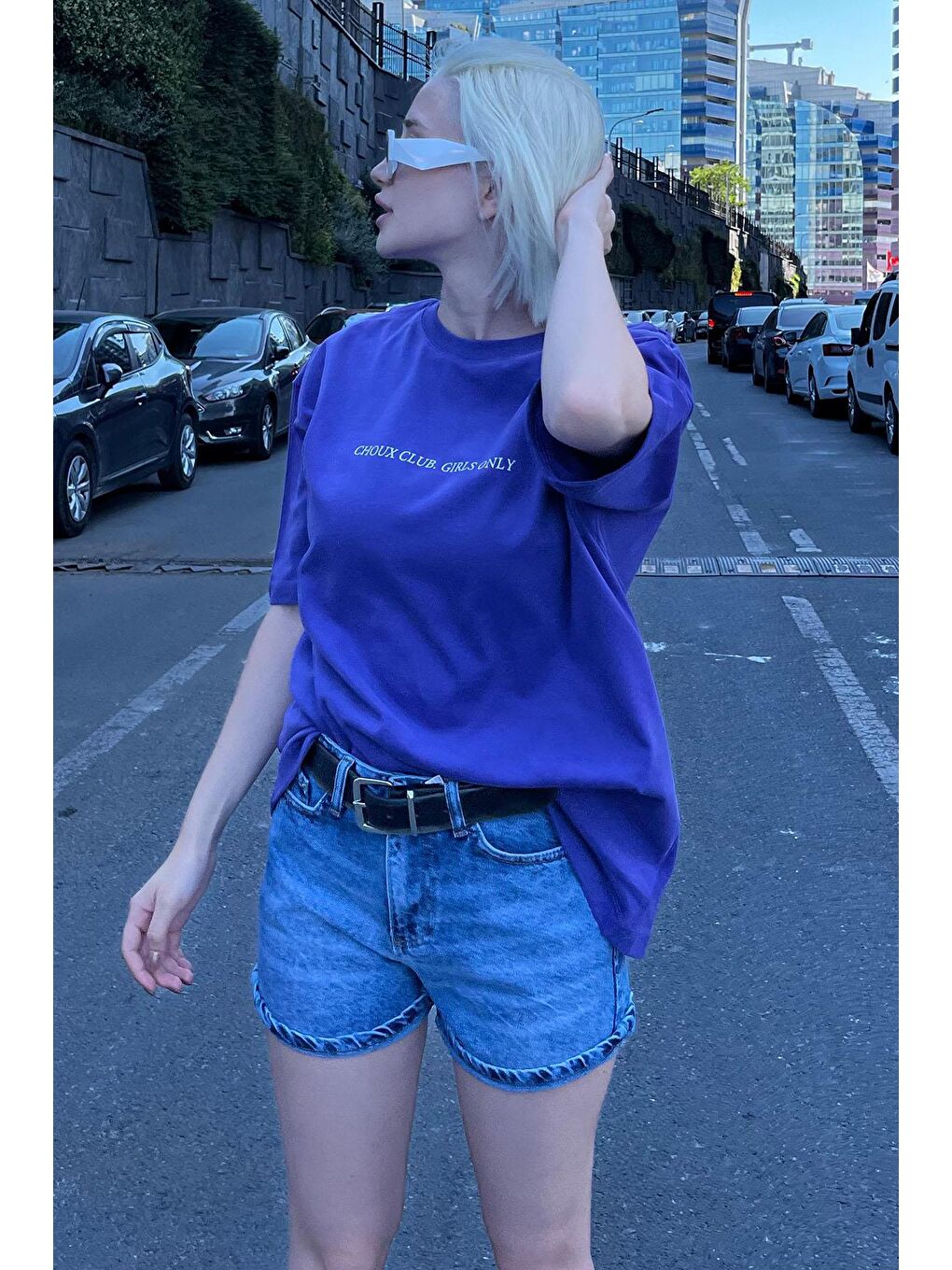 Mor Oversize Sırt Ve Ön Baskılı Bisiklet Yaka Kısa Kollu Tişört Mg2130-6