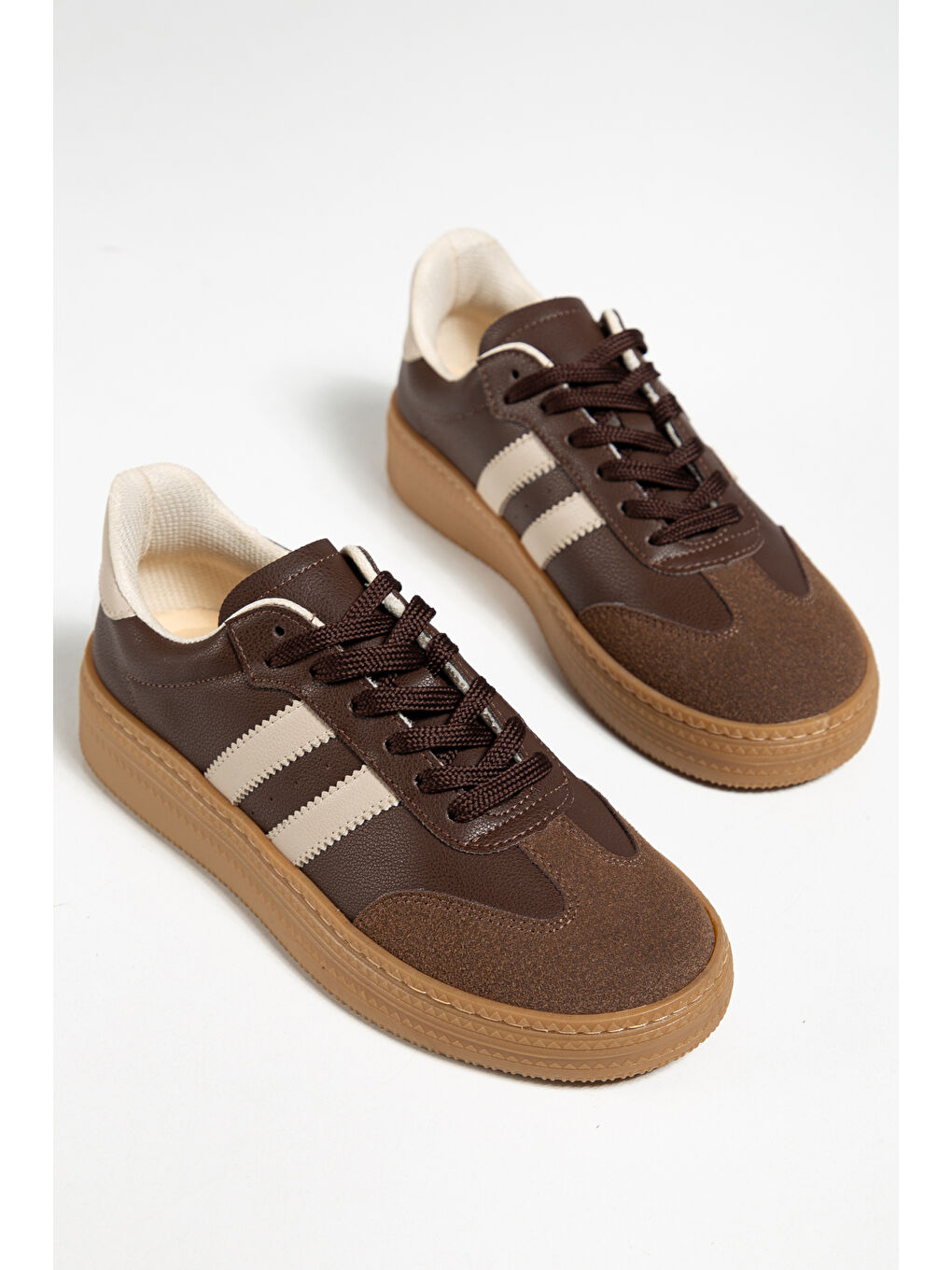 Kahverengi Kadın Kahve Bej Kadın Rahat Kalıp Yumuşak Deri Sneaker-1