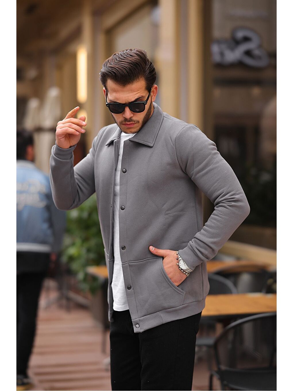 Gri Çıtçıtlı Cepli İçi Şardonlu Sweatshirt Ceket