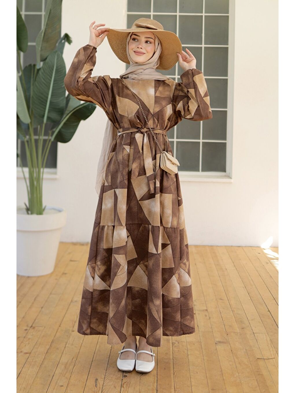 Kahverengi Desenli Kolu Büzgülü Elbise Açik Kahve - 26620-1