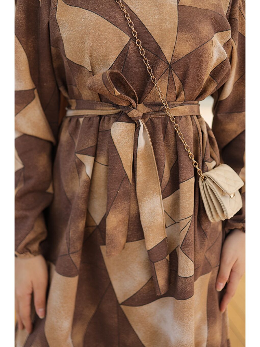 Kahverengi Desenli Kolu Büzgülü Elbise Açik Kahve - 26620-3