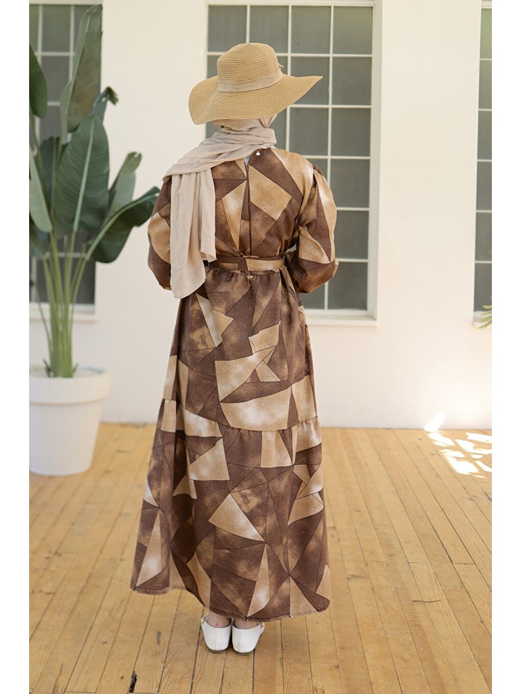 Kahverengi Desenli Kolu Büzgülü Elbise Açik Kahve - 26620-4