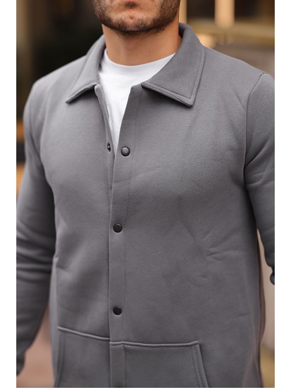 Gri Çıtçıtlı Cepli İçi Şardonlu Sweatshirt Ceket-1