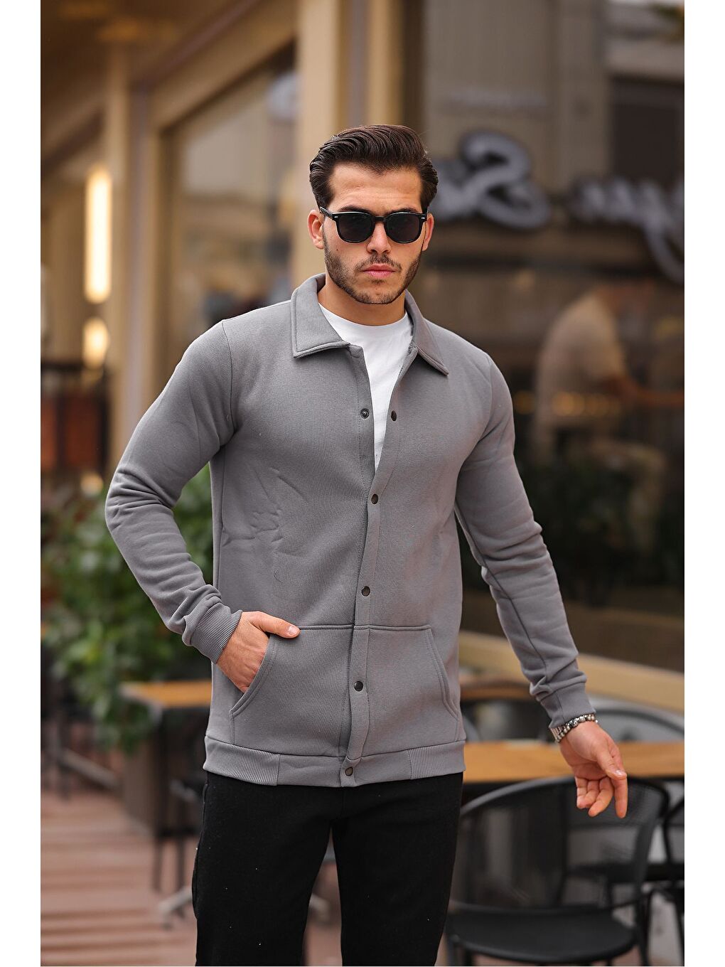 Gri Çıtçıtlı Cepli İçi Şardonlu Sweatshirt Ceket-2