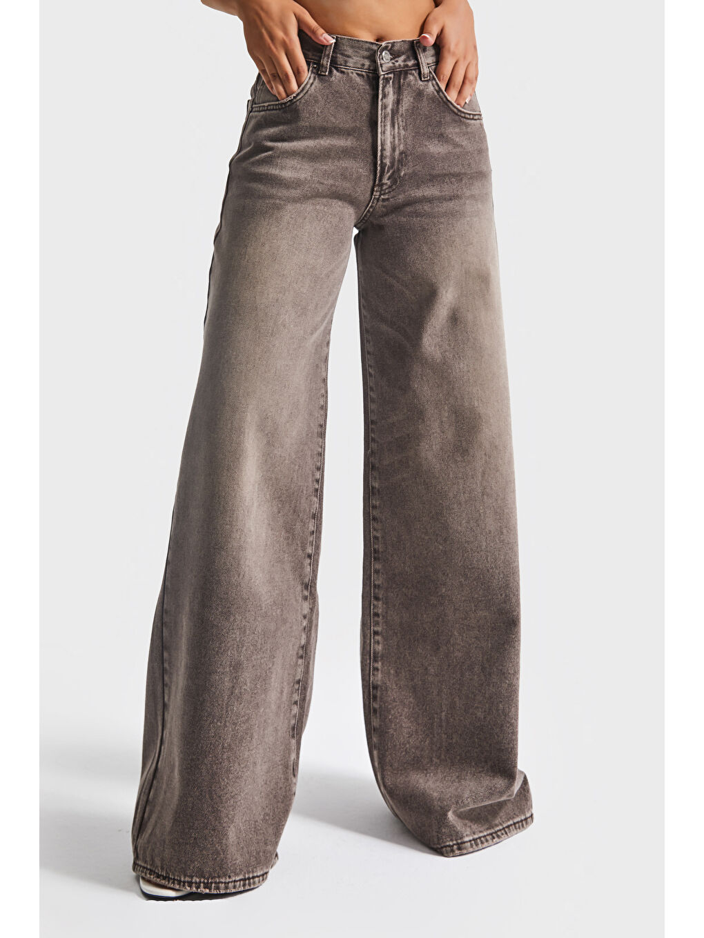 Kahverengi Kadın Taşlanmış Kahve Renk 4w5-16 Palazzo Fit %100 Pamuk İç Boy 80cm Denim Jean-3