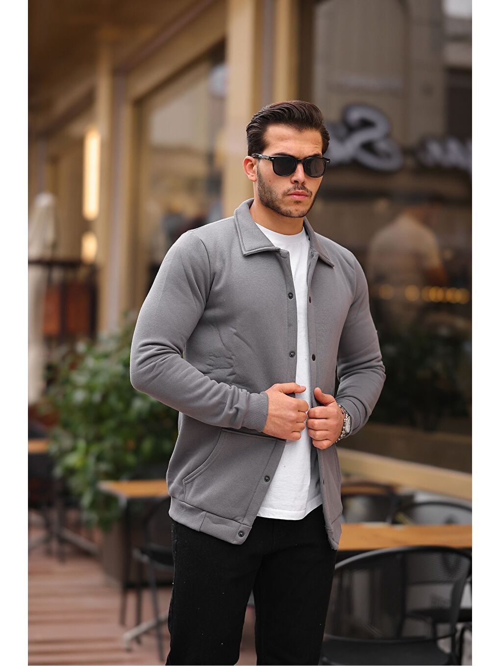 Gri Çıtçıtlı Cepli İçi Şardonlu Sweatshirt Ceket-3