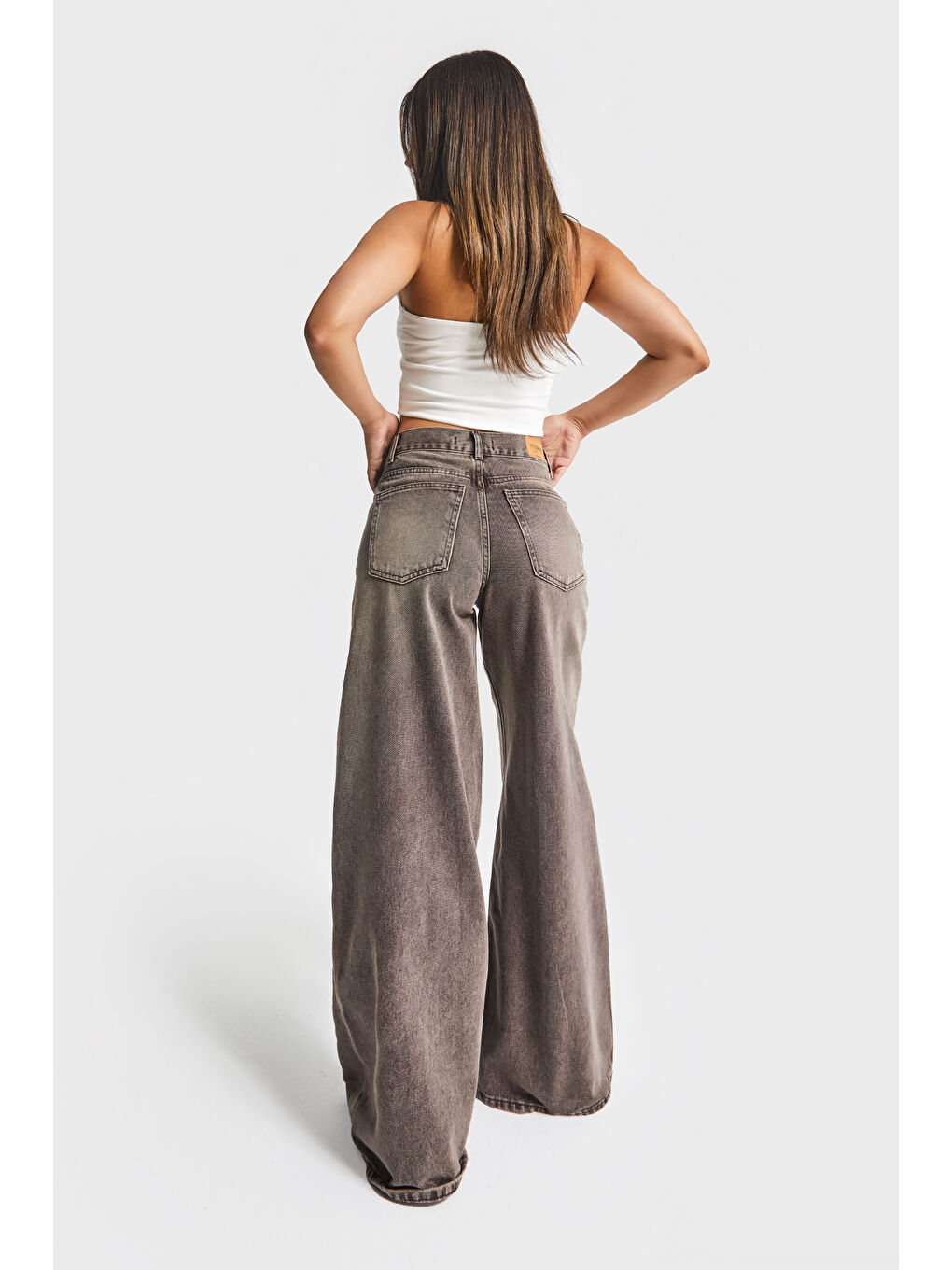 Kahverengi Kadın Taşlanmış Kahve Renk 4w5-16 Palazzo Fit %100 Pamuk İç Boy 80cm Denim Jean-4