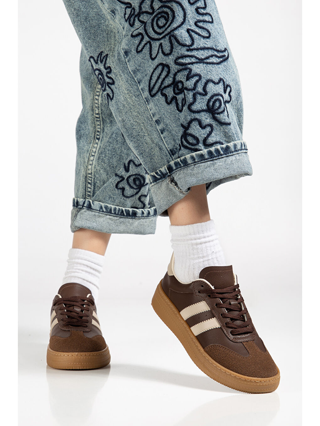 Kahverengi Kadın Kahve Bej Kadın Rahat Kalıp Yumuşak Deri Sneaker-2