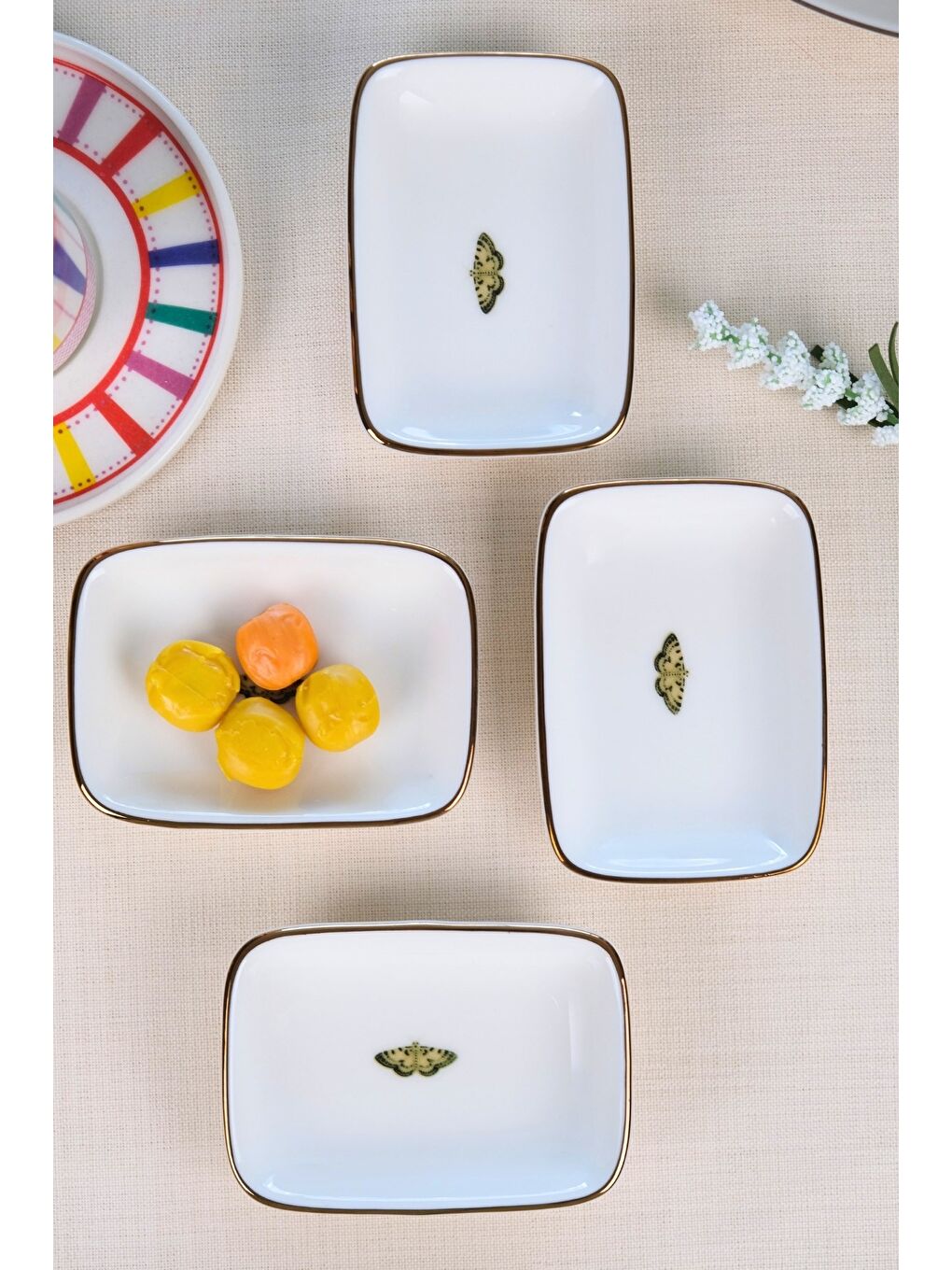 Karışık Kelebek Altın Yaldızlı Dikdörtgen Kayık Tabak 10x7x2cm 4 LÜ-1