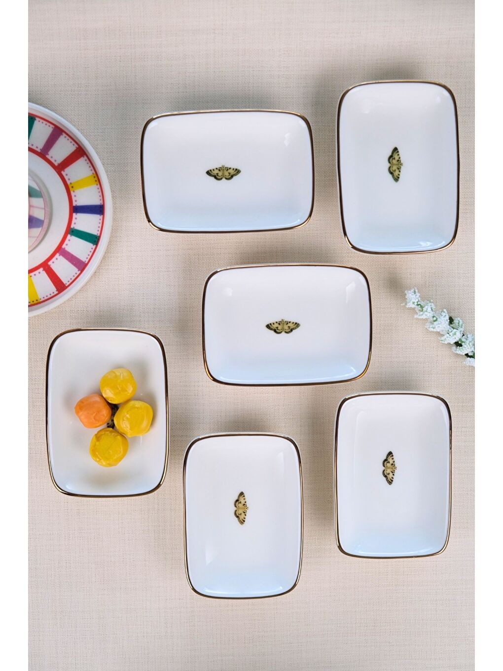 Karışık Kelebek Altın Yaldızlı Dikdörtgen Kayık Tabak 10x7x2cm 6 LI