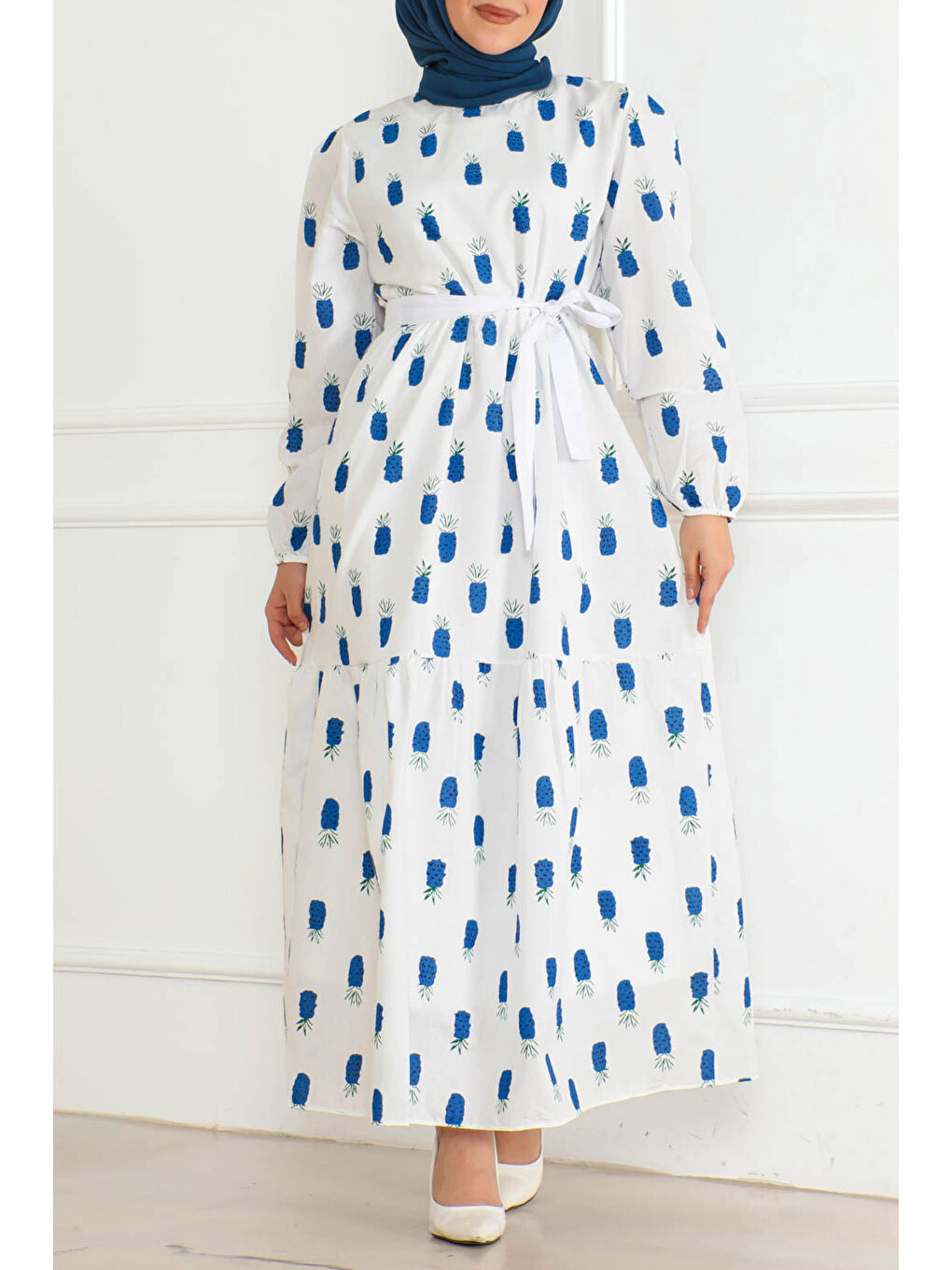 Mavi Desenli Kolu Büzgülü Elbise Saks - 26625