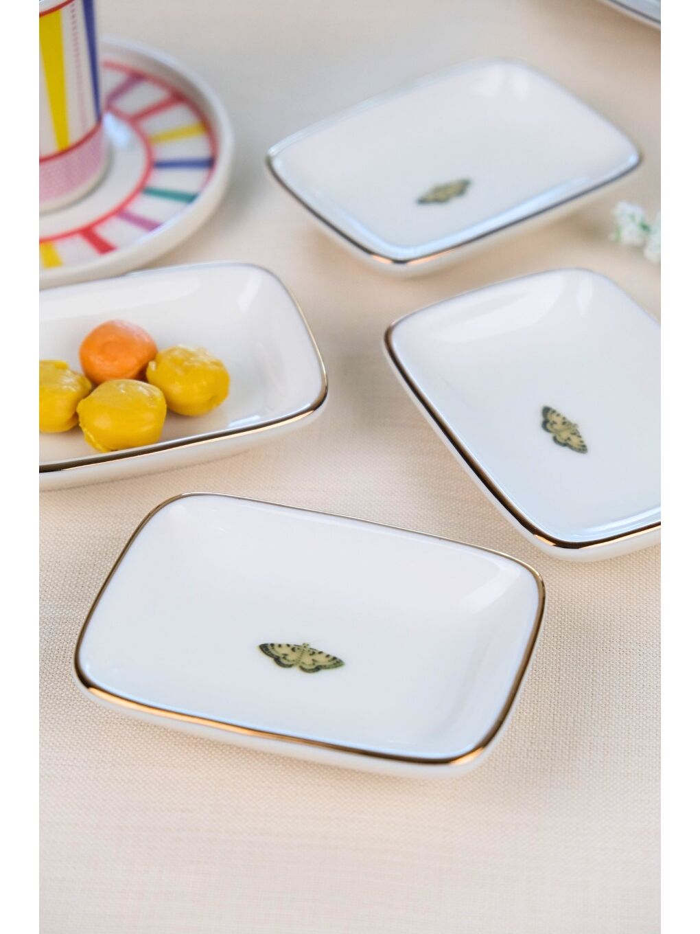 Karışık Kelebek Altın Yaldızlı Dikdörtgen Kayık Tabak 10x7x2cm 4 LÜ-2