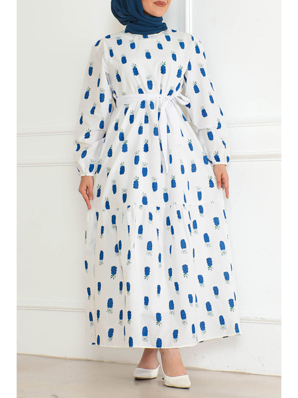 Mavi Desenli Kolu Büzgülü Elbise Saks - 26625-1